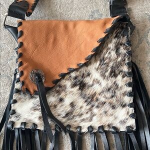 Leather & Haircalf Fringe Crossbody Bag in Tan and Speckled White